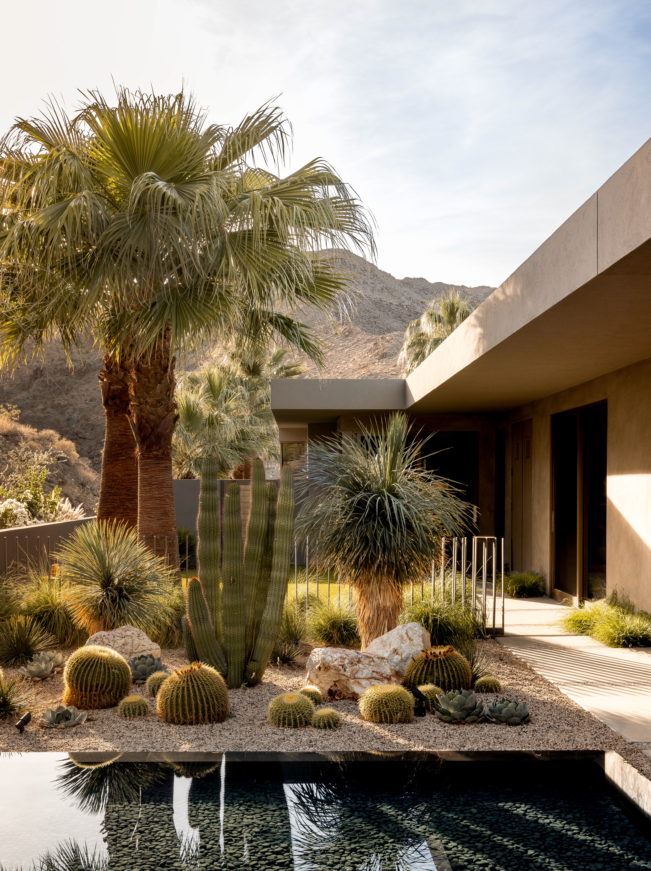A serene oasis welcomes guests with a tranquil reflection pool surrounded by a vibrant cactus garden, setting the tone for the desert luxury within.