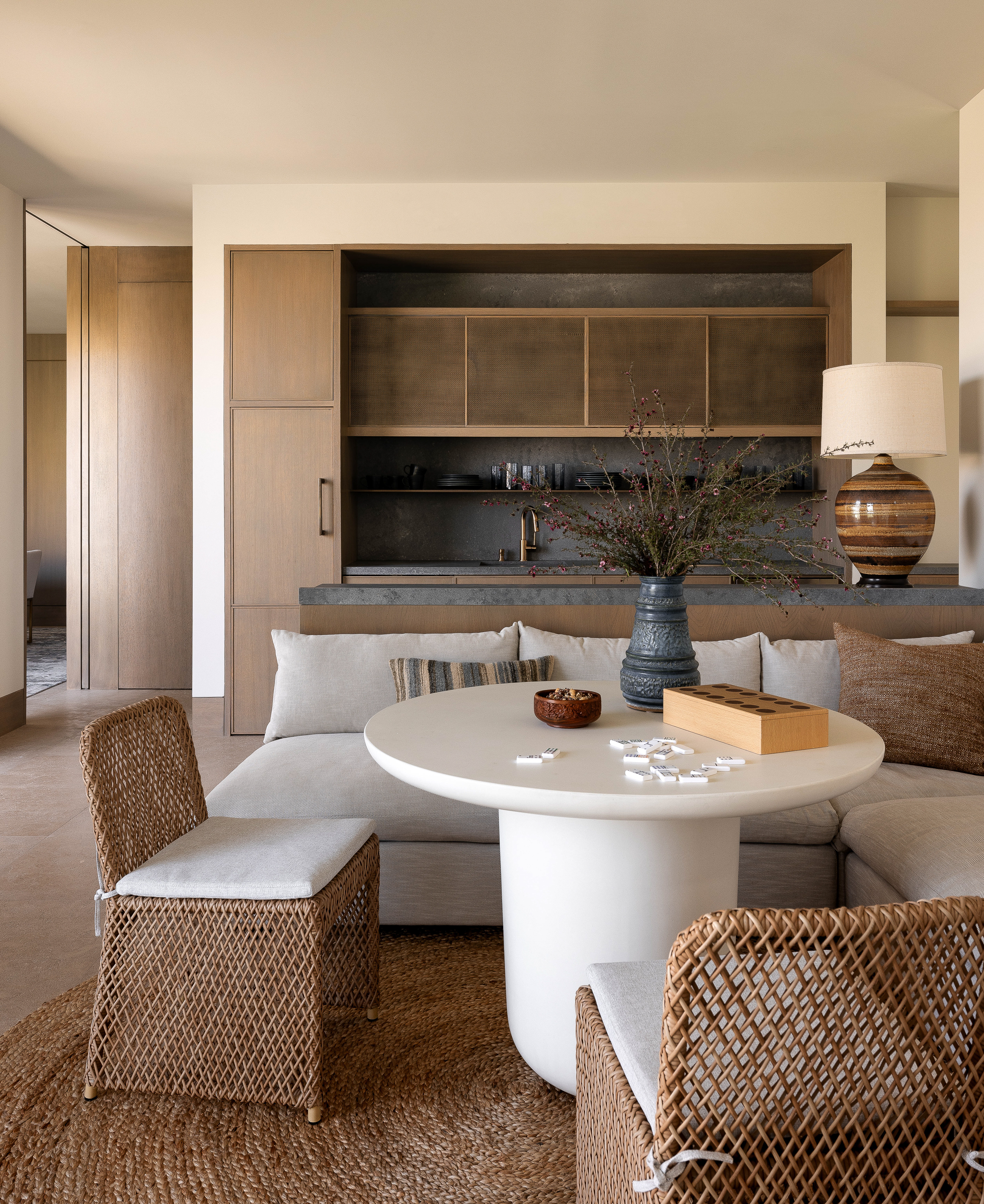 Casita dining area/game table at Palm Springs Retreat: A versatile space with a cozy ambiance, perfect for dining or game nights, offering a retreat within a retreat